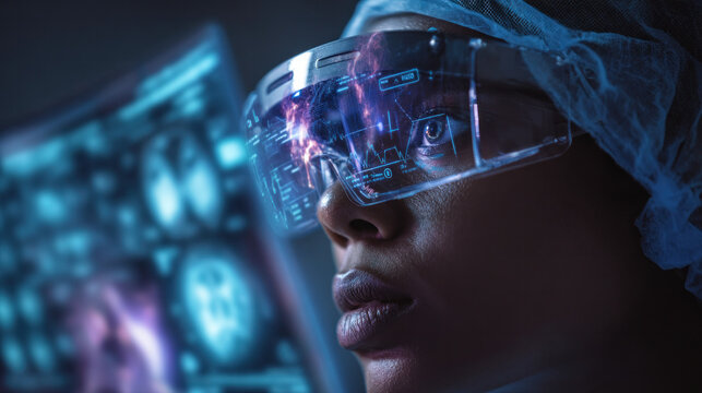 A close-up of an African American woman surgeon, physician, or patient looking over futuristic medical charts while wearing augmented reality or virtual reality glasses. Science Animations, Brain,
