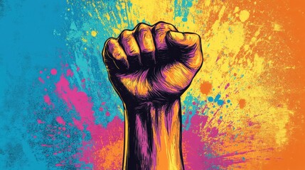 A vibrant, colorful illustration of a raised fist symbolizing power, unity, and resistance against a dynamic splash background.