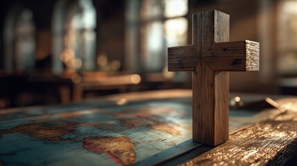 Sacred Symbol: A wooden cross stands tall against a blurred backdrop, resting upon a map. It evokes feelings of faith and the search for guidance.