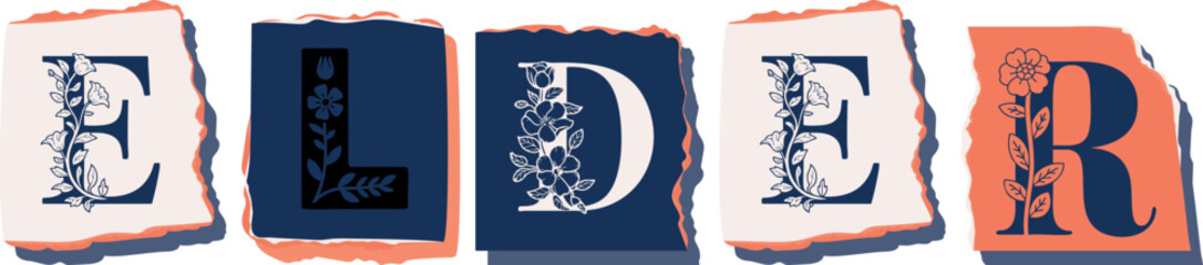 ELDER Floral Typography of a Concept Word � Elegant Torn Paper Letter Design