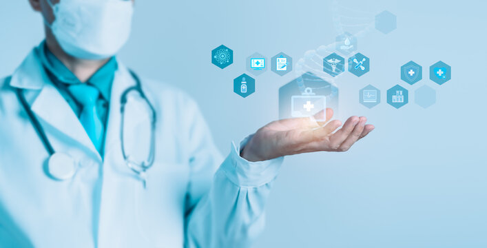 Doctor Presenting Healthcare Icons and DNA Structure for Medical Innovation