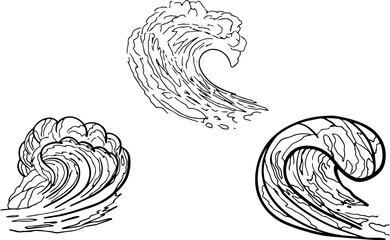 Black sea surf ocean waves sketch summer style in vector