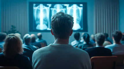 A rear view of people attending a medical seminar with projected X-rays