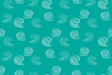 Sea surf ocean waves sketch summer seamless pattern in vector