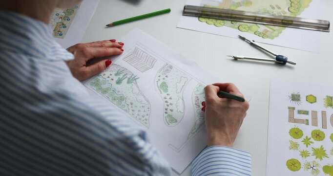 landscape architect, designer drawing ornamental garden plan in office