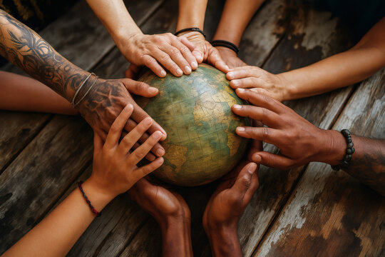 Diverse hands gathered around a globe on a wooden surface—symbolizing global unity, collaboration, and shared responsibility in building an inclusive, harmonious, and interconnected world.