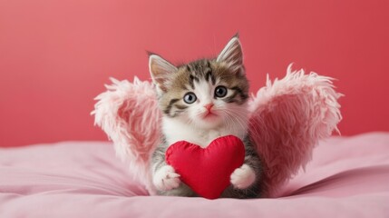 A Cute Kitten with Heart-Shaped Pillow and Angel Wings, Exuding Affection and Playfulness in a Charming Pink Setting