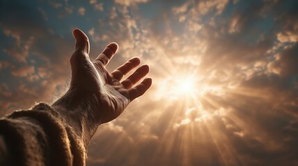 Reaching for the Light: A single hand, outstretched towards a radiant sunburst, captures the essence of aspiration and hope, illuminated by golden sunlight, sky. 