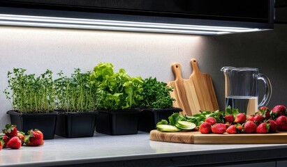 Fresh produce display with growing microgreens, lettuce and strawberries on kitchen counter under warm lighting
