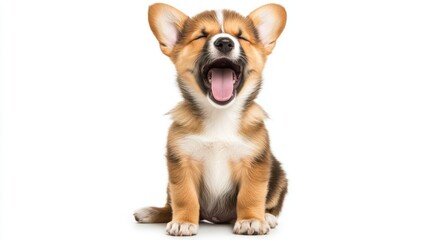 Obraz premium cute puppy with a tongue sticking out. The puppy is sitting on a white background. The puppy has a happy expression on its face