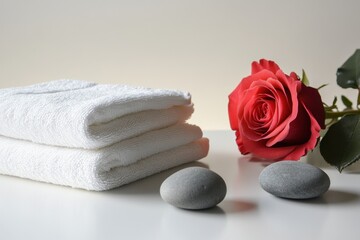 A Serene Spa Arrangement Featuring White Towels, Smooth Stones, and a Beautiful Red Rose for a Relaxing Atmosphere
