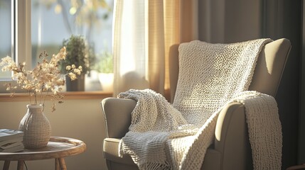 Softly lit reading corner with a vintage armchair and soft throw. .