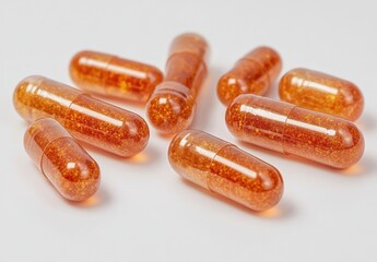 Close-Up View of Shiny Amber Capsules Displaying Their Vibrant Color and Unique Texture on a Clean Surface