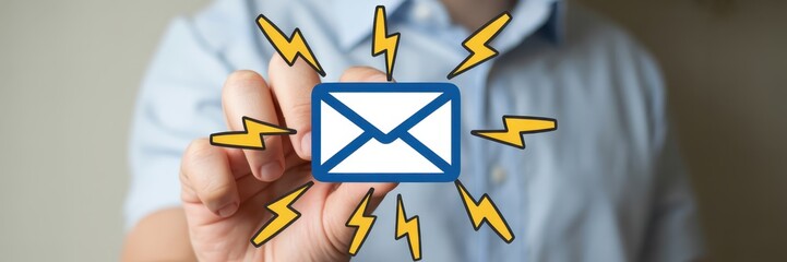 A hand hovers over a digital email icon surrounded by cartoon lightning bolts.