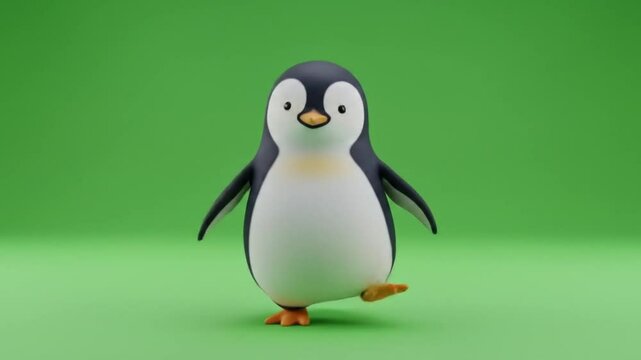 Adorable animated penguin dancing and moving playfully on a green background