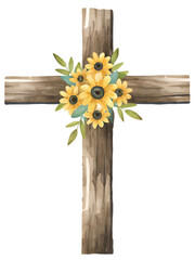 Watercolor wooden cross with sunflower bouquet on transparent background.