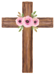 Watercolor wooden cross with pink flowers on transparent background.