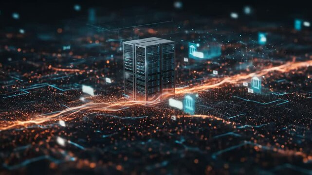 Secure Server Network Data Flow - A server rack sits at the center of a digital landscape, with glowing data streams connecting it to various nodes.