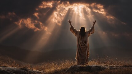 Sacred Revelation: A divine figure stands embraced by radiant light piercing through a dramatic, overcast sky, a symbolic depiction of spiritual enlightenment and reverence.