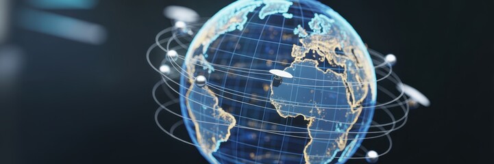 Global network of interconnected satellites orbiting a detailed digital world map.