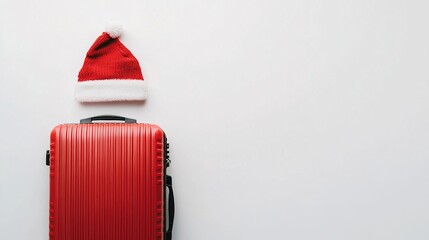 Red suitcase with a Santa hat with copy space white background. holiday Travelling concept. 