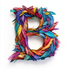 3D rendering of a letter "B" made of colorful parrot feathers on a white background