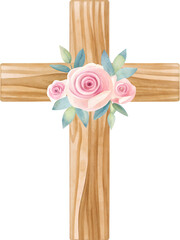 Watercolor wooden cross with pink roses on transparent background.