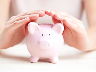 Protecting a small pink piggy bank with gentle hands in a cozy setting
