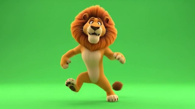 Animated lion character dancing and jumping with joyful expressions on green background