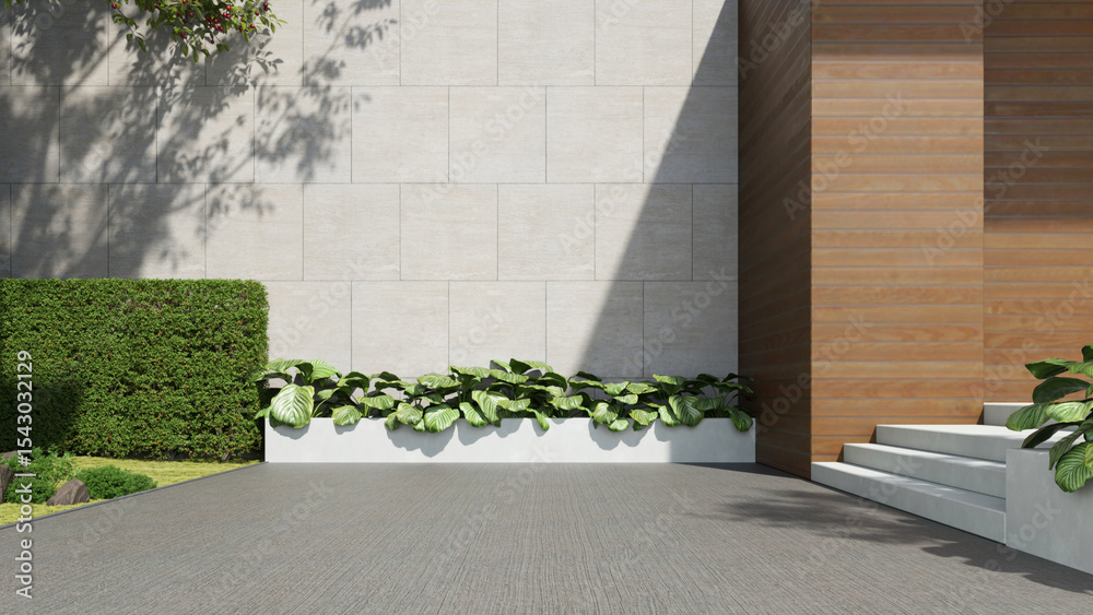 Poster modern house, minimal architecture with wooden terrace and concrete entrance, 3d rendering of luxury