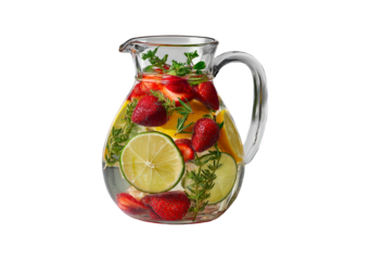 Refreshing summer beverage with citrus and fresh strawberries in glass pitcher on transparent background, PNG