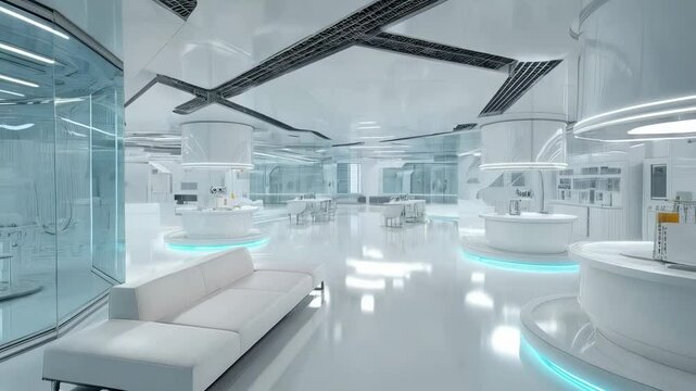 Innovative modern laboratory design featuring sleek lines, bright lighting, and advanced technology in a futuristic setting