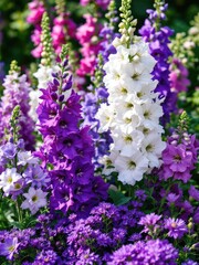 A vibrant display of colorful delphiniums and other flowers in a garden setting on a sunny day