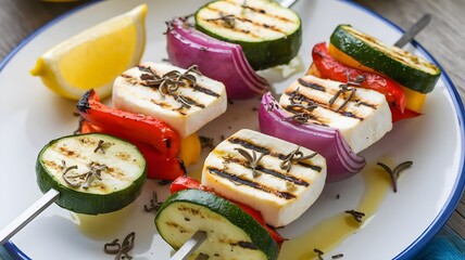 Griddled Halloumi and Vegetable Skewers with Lemon, Oregano Zucchini, red bell pepper, yellow bell pepper, and red onion