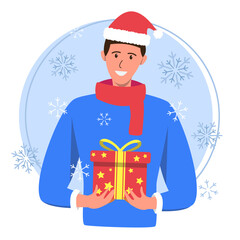 Man Holding Christmas Gift with Festive Snowflakes Background