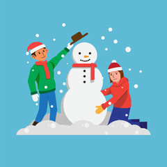 Kids Playing with Snowman Flat Design Illustration