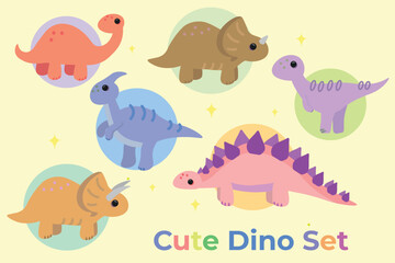 Cute Cartoon Dinosaur Set – Baby Dino Clipart for Kids, paleontology, Torosaurus, Stegosaurus, Tarascosaurus, Centrosaurus, Apatosaurus, Parasaurolophus, Nursery Wall Art, Stickers