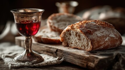 Communion Feast: A close-up shot unveils a vintage glass of red wine, positioned invitingly beside a freshly baked loaf of bread, set on a rustic wooden surface.