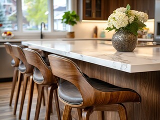 Contemporary Kitchen Design, a realistic photograph capturing a sleek kitchen with dark wooden cabinets, a pristine island, and stylish bar stools Sophisticated Culinary Hub Warm Modern Kitchen