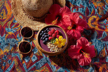 Top view of a tropical acai bowl with fresh berries, granola, and edible flowers, styled with sunglasses, a straw hat, and hibiscus on a colorful fabric