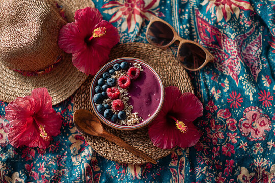 Top view of a tropical acai bowl with fresh berries, granola, and edible flowers, styled with sunglasses, a straw hat, and hibiscus on a colorful fabric