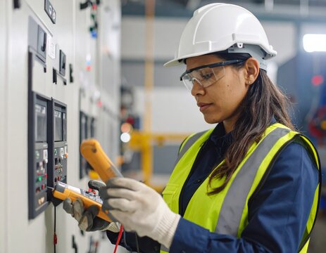 A female technician wearing safety gear inspects electrical control panels using testing devices in an industrial setting.