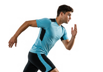 Athletic man with determined face runs with focused energy against a transparent background.