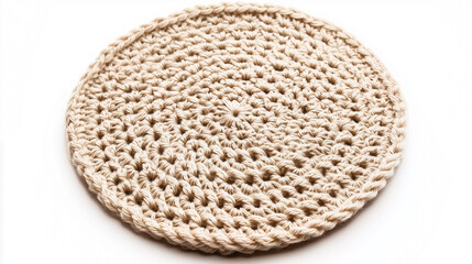 A close-up view of a beige circular coaster made with thread, evoking a cozy and natural atmosphere