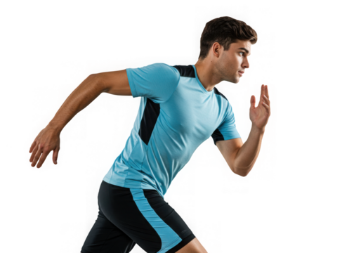 Athletic man with determined face runs with focused energy against a transparent background.