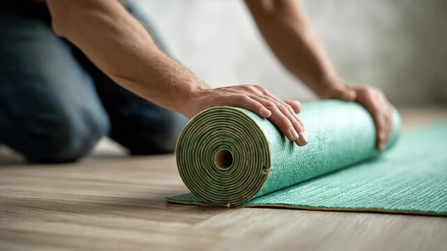 Man rolling out green foam underlayment wood floor for laminate flooring installation, hands close up, home renovation, flooring improvement, green underlayment roll, wood floor installation