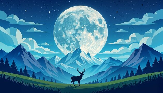 Geometric Moonlit Landscape with Deer and Mountain Sky