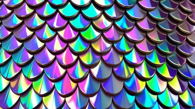 Abstract scales pattern with iridescent colors reflecting light creates a shiny, decorative surface with geometric shapes.