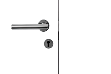 Close-up of a dark gray door with a brushed metal handle and lock