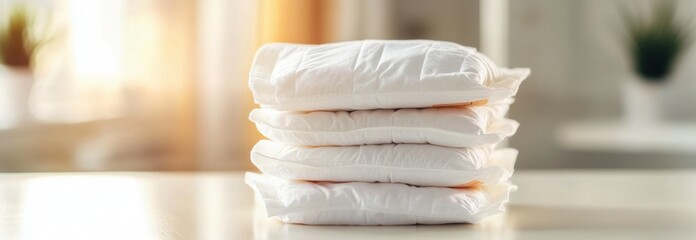 A neatly folded collection of soft white diapers, bathed in natural light, creates a cozy and welcoming atmosphere in the nursery.